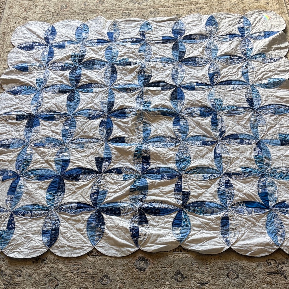 Blue & White Patchwork Quilt - Classic Double Wedding Ring Design